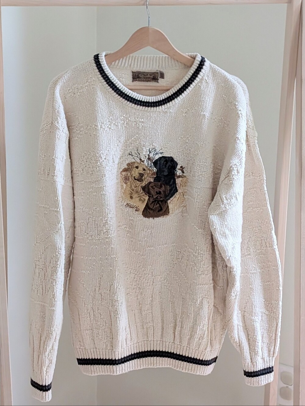 Vintage Chunky Embroidered Lab Dogs Textured Crewneck Sweater In Cream - XLT - Picture 2 of 6